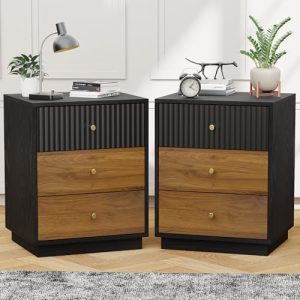 Set of 2 Modern Black and Walnut Tall Night Stands with 3 Storage Drawers - Fluted Design, Metal Handles, Perfect for Be